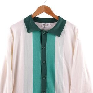 Oxknit Mens Cream Green Striped Long Sleeve Polo Shirt Size XXL Retro NWT
